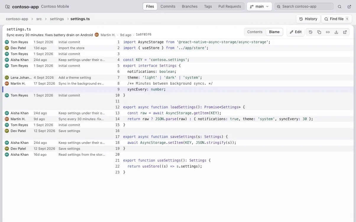 A file in a repository with blame beside each line