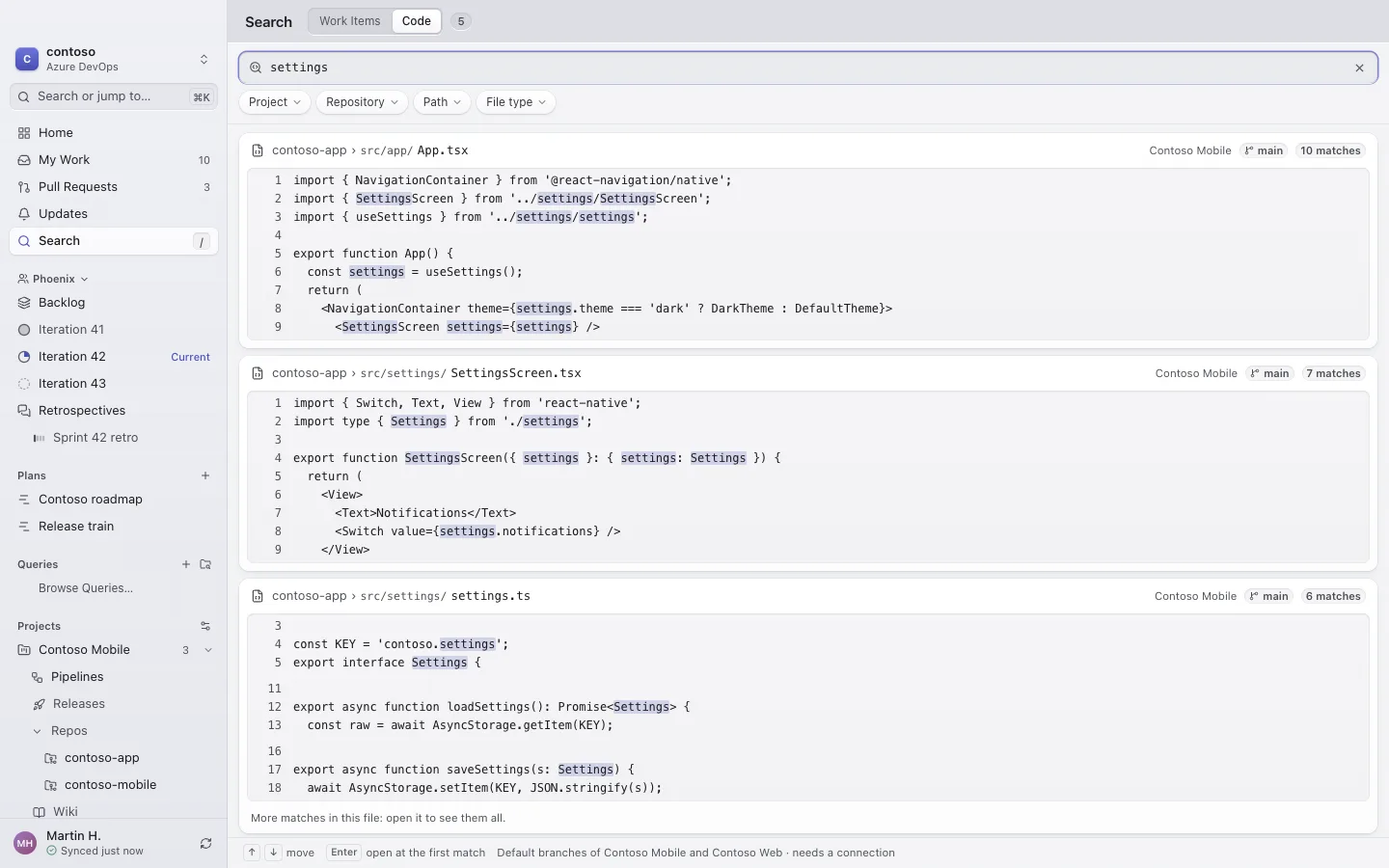 Code search results grouped by file, matches highlighted in their lines