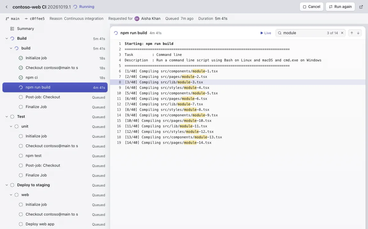 A pipeline Run's timeline of stages and jobs beside its log, with a search through the log