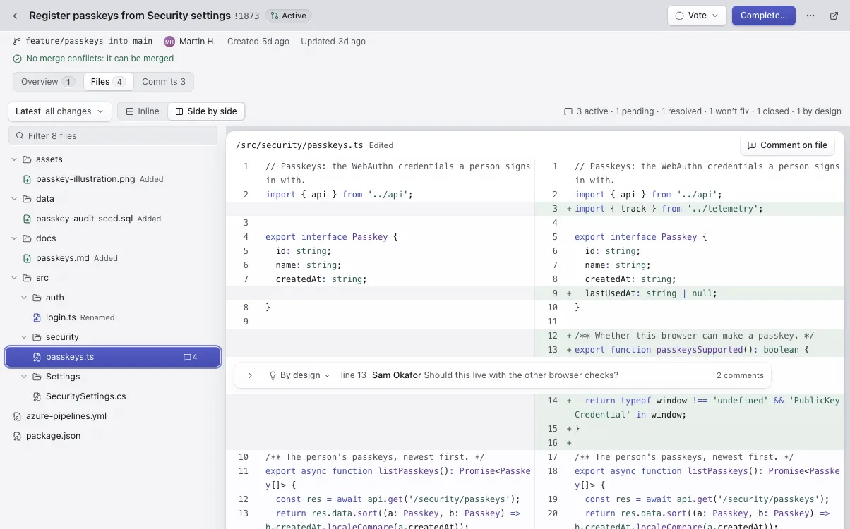 A pull request's Files tab showing a side-by-side diff with a comment thread on a changed line